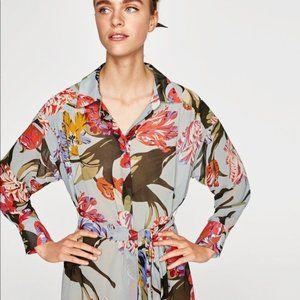 Zara Basic Floral Belted Shirt Dress -  XS